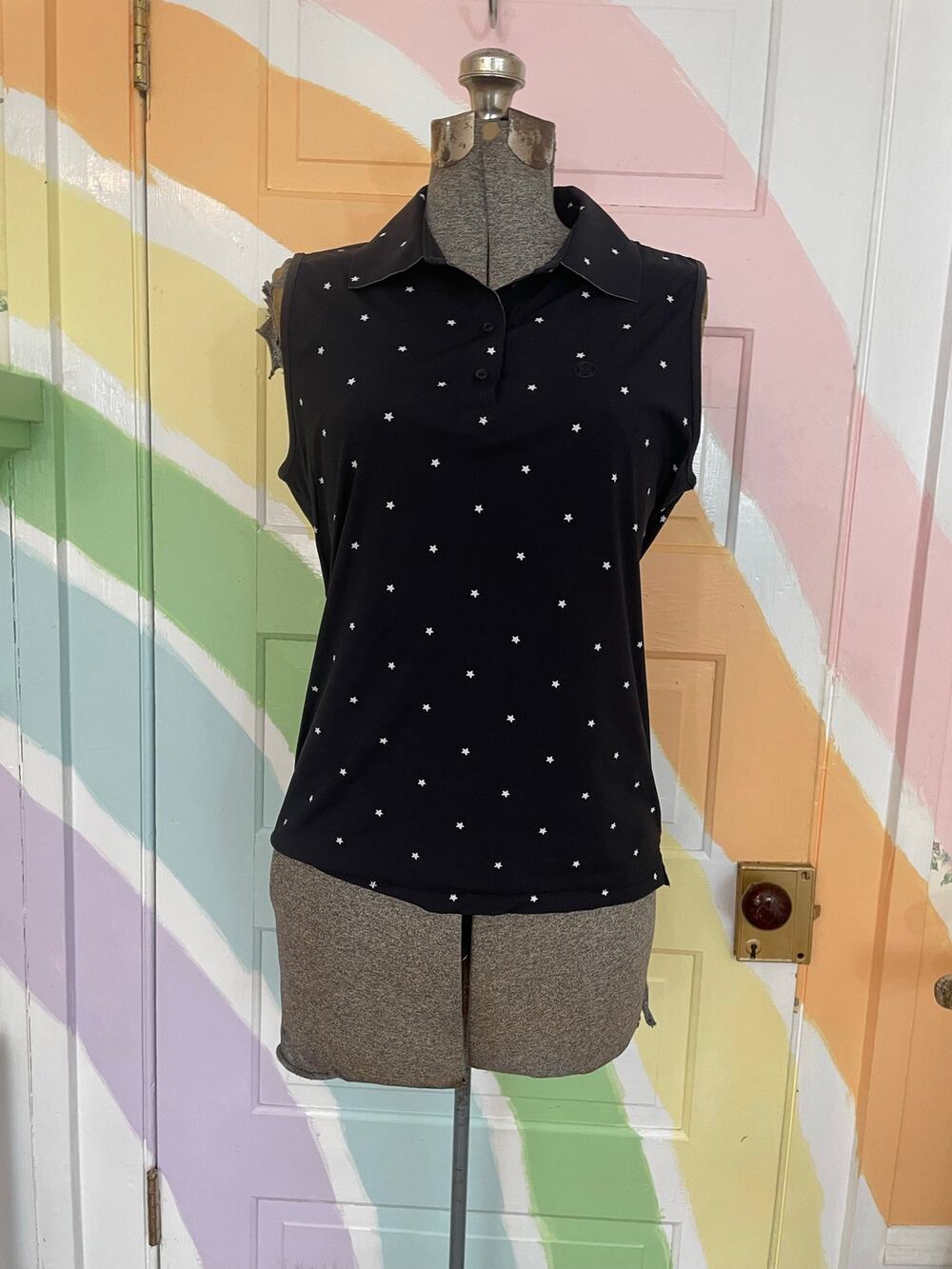 G/FORE Stardust Sleeveless Golf Polo Women M Black Star Silky Tech Stretch